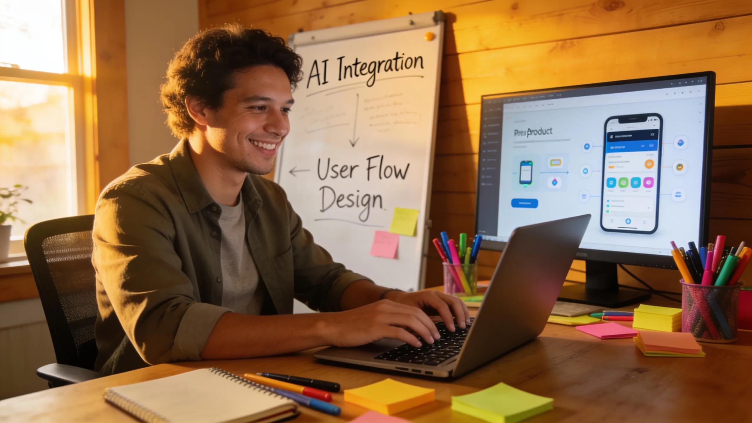 Entrepreneur using laptop and digital product design showcasing user flow and AI integration.