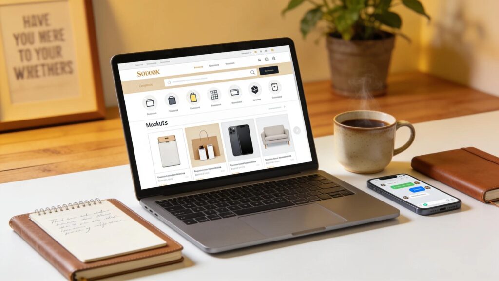 Laptop displaying an online digital store interface with product listings, notebook, smartphone, and coffee cup
