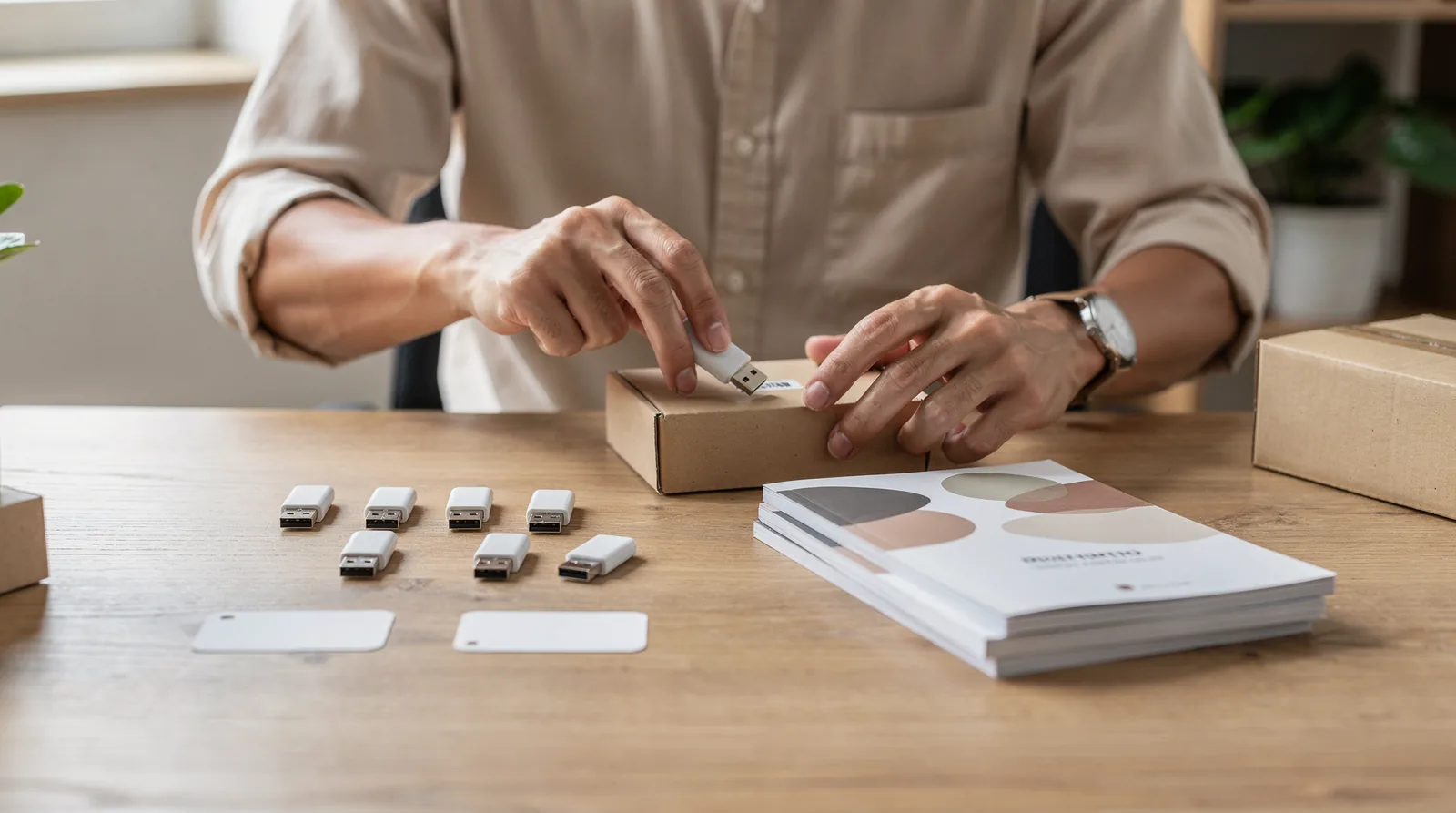 Person customizing USB drives and digital product templates for resale.