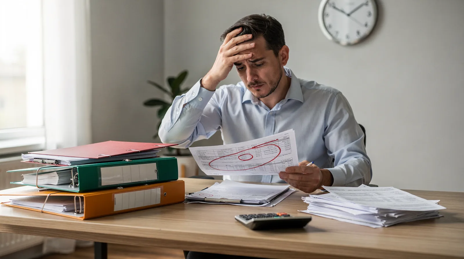Frustrated entrepreneur reviewing paperwork and financial documents amidst a cluttered desk, illustrating challenges in managing