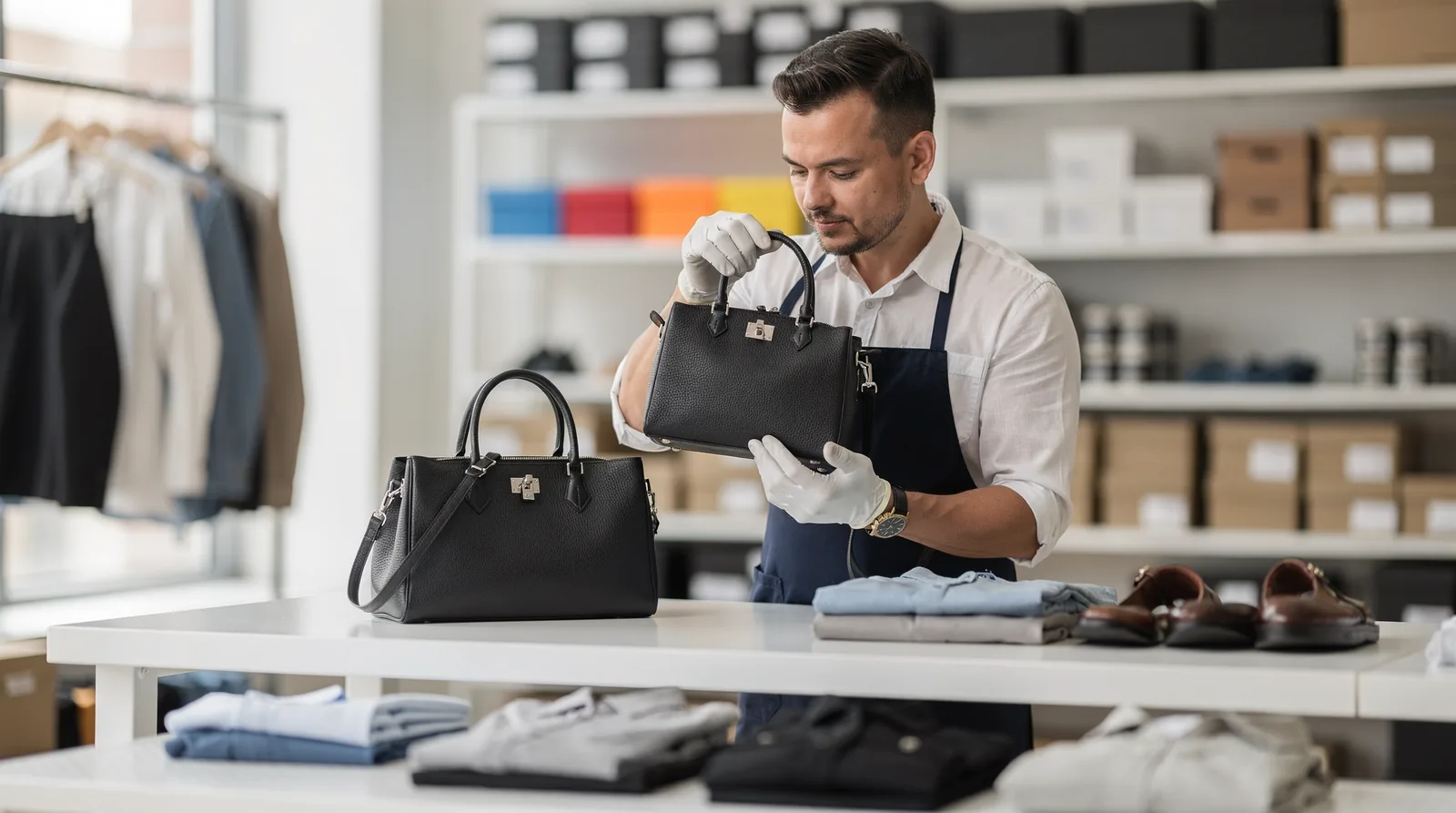 Man inspecting a black handbag in a retail setting, surrounded by clothing and accessories, illustrating