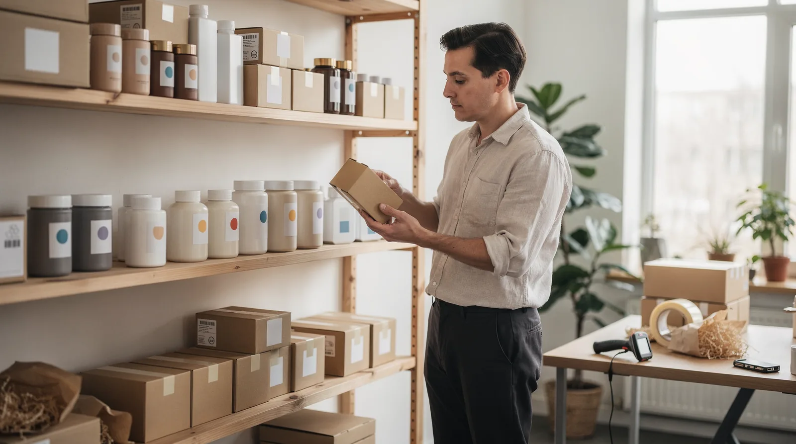 Entrepreneur examining digital product packaging and resale rights for online store setup.