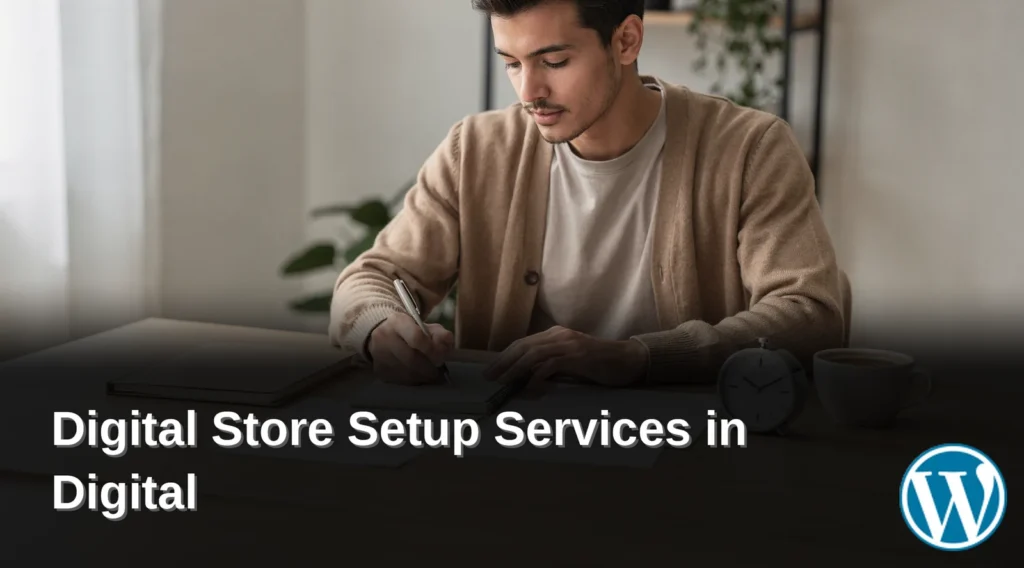 Entrepreneur working on digital store setup, WordPress platform, Online Digital Store services.