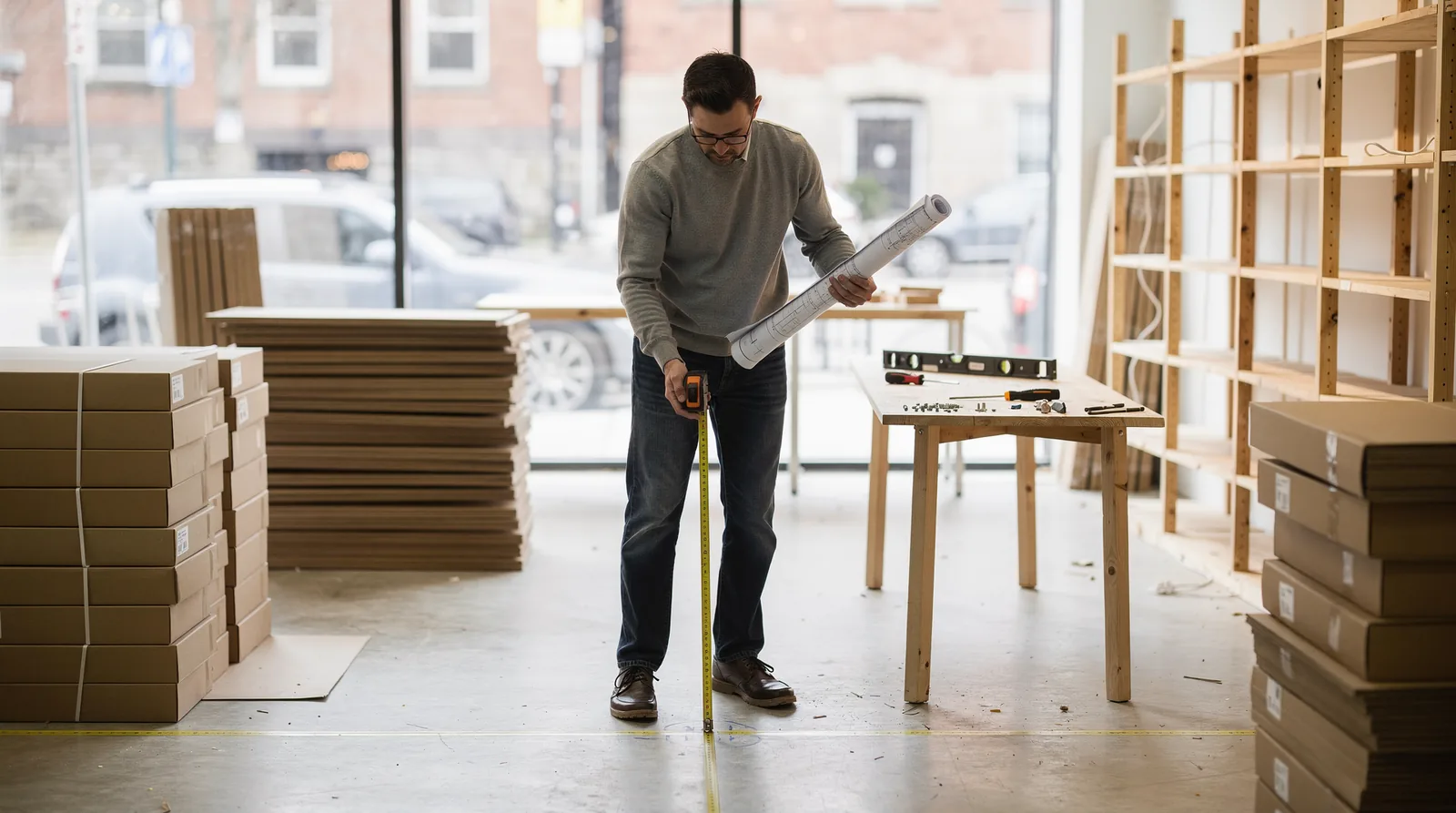 Man measuring with tape, illustrating product research and inventory planning for digital store setup.