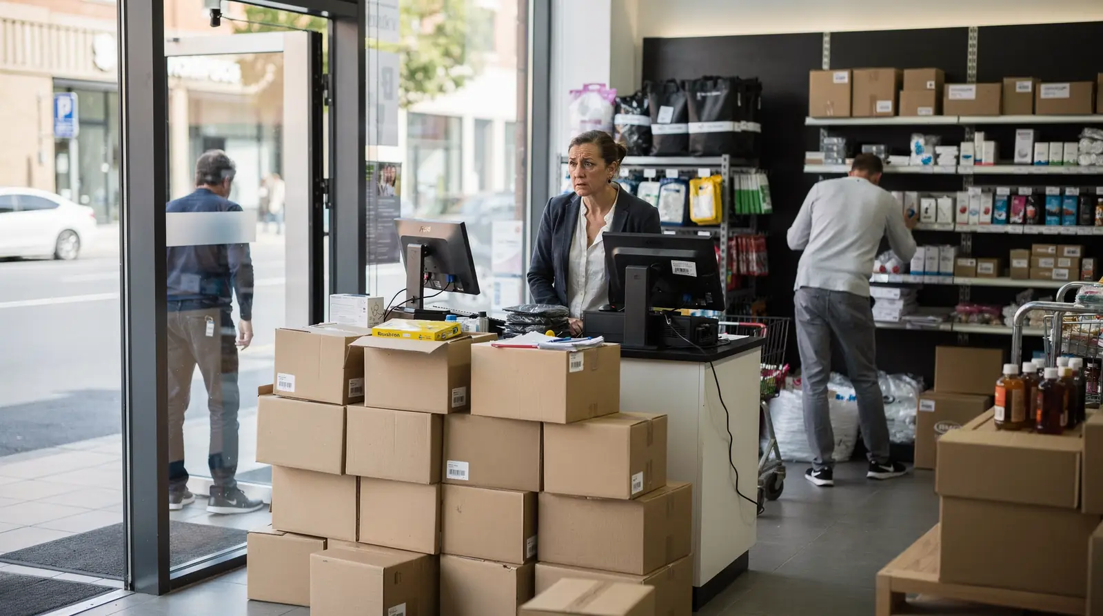 Digital store owner assisting customer and managing inventory, illustrating business setup solutions.