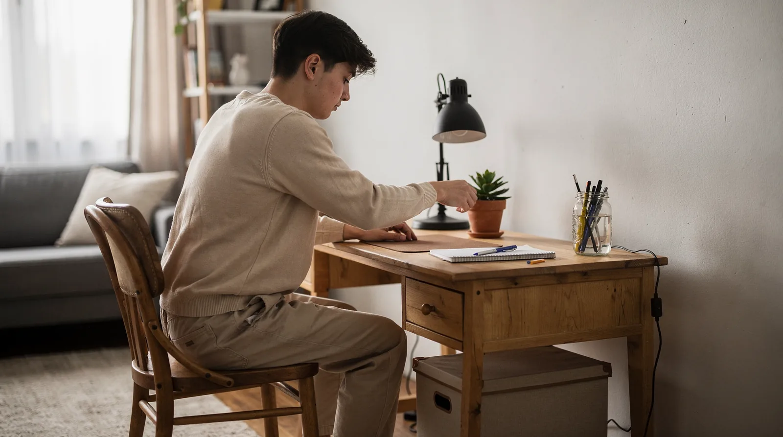 Entrepreneur working at desk with laptop and digital tools for online business setup.